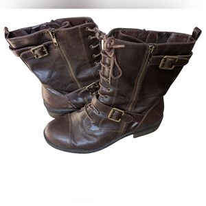 Brown lace buckle zip combat boots size 10